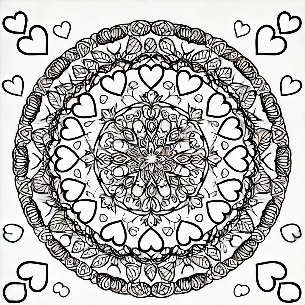 Intricate Valentine’s Day mandala design featuring love arrows, roses, and heart shapes for coloring.