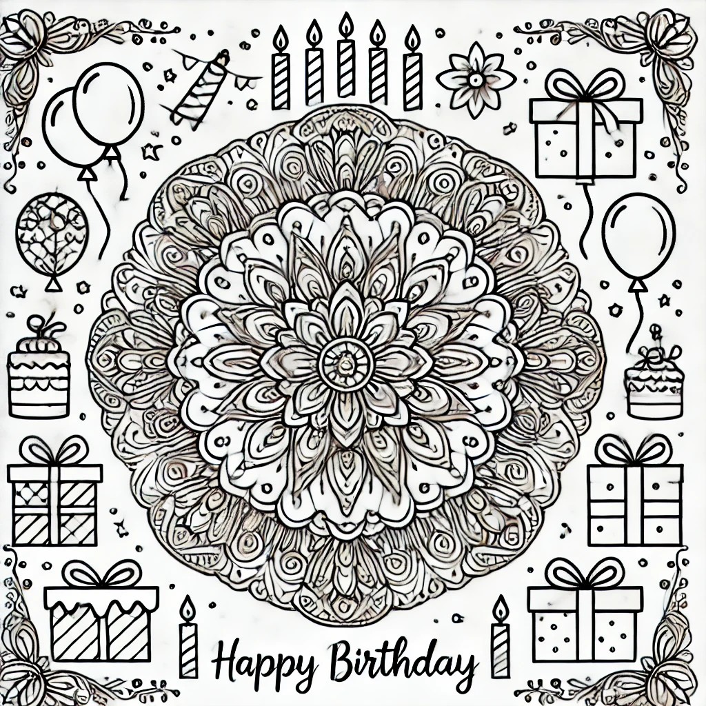 Printable birthday mandala outline with balloons, cupcakes, and candles for kids and adults to color.