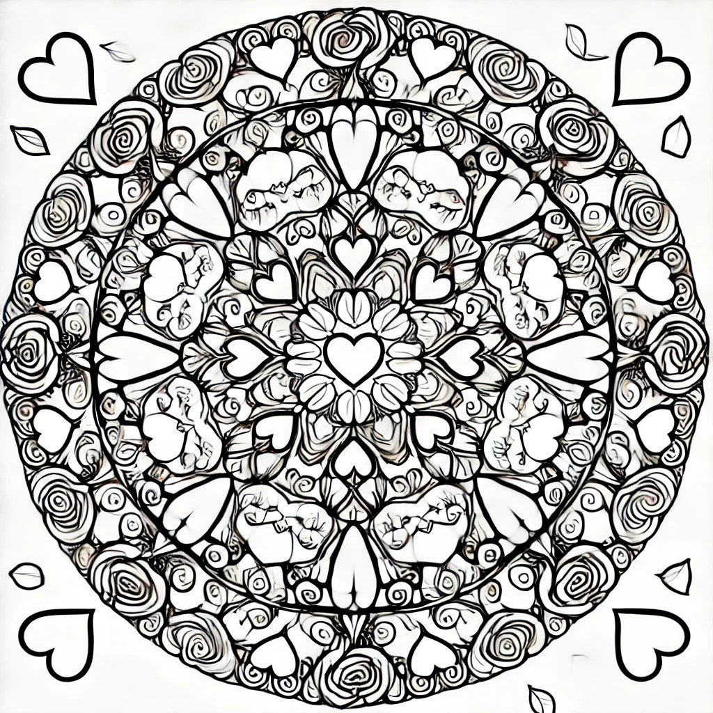 Intricate Valentine’s Day mandala design featuring love arrows, roses, and heart shapes for coloring.