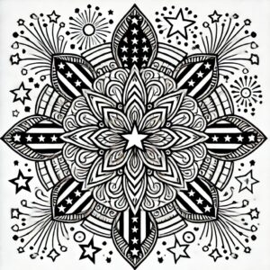 Independence Day mandala with bald eagle, fireworks, and red-white-blue motifs for coloring.