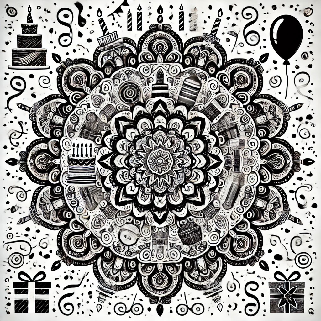 Printable birthday mandala outline with balloons, cupcakes, and candles for kids and adults to color.