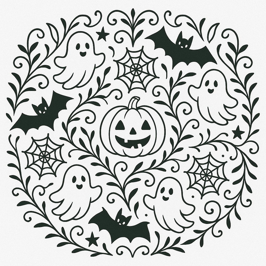 Spooky Halloween mandala with haunted houses, ghosts, and crescent moons in a traditional mandala layout.
