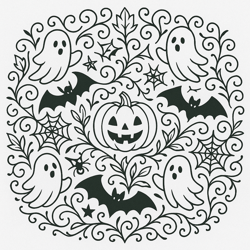 Black-and-white Halloween mandala for coloring, with pumpkins, witches’ hats, and spider motifs.