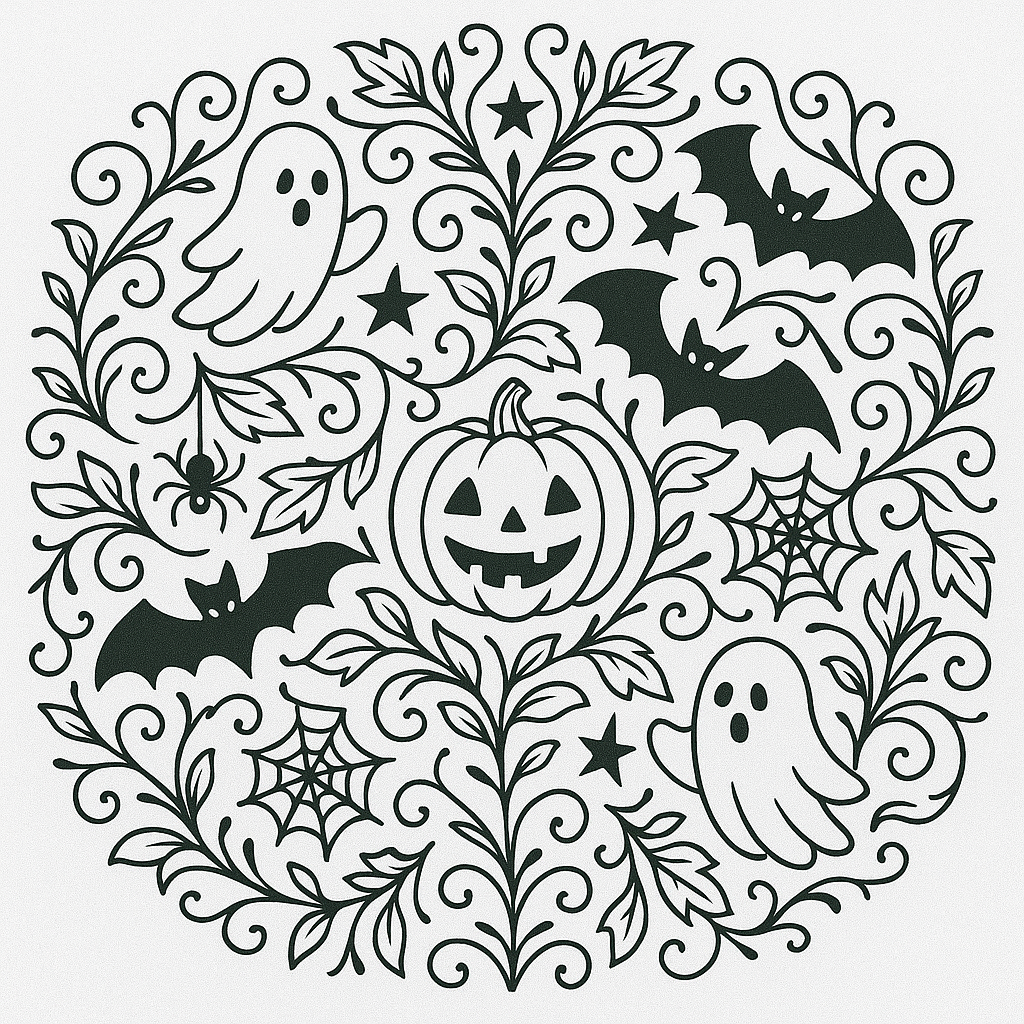 Black-and-white Halloween mandala for coloring, with pumpkins, witches’ hats, and spider motifs.