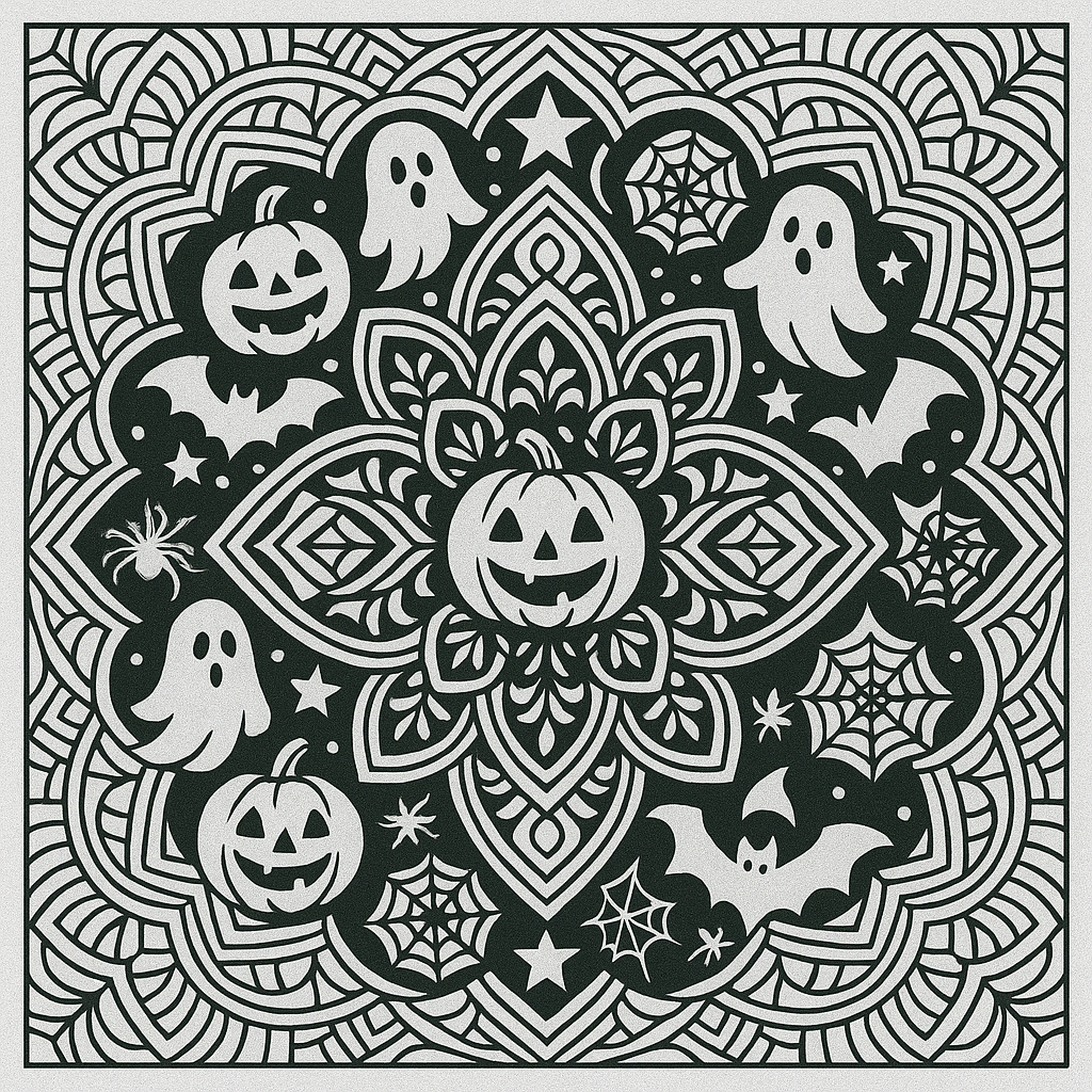 Black-and-white Halloween mandala for coloring, with pumpkins, witches’ hats, and spider motifs.