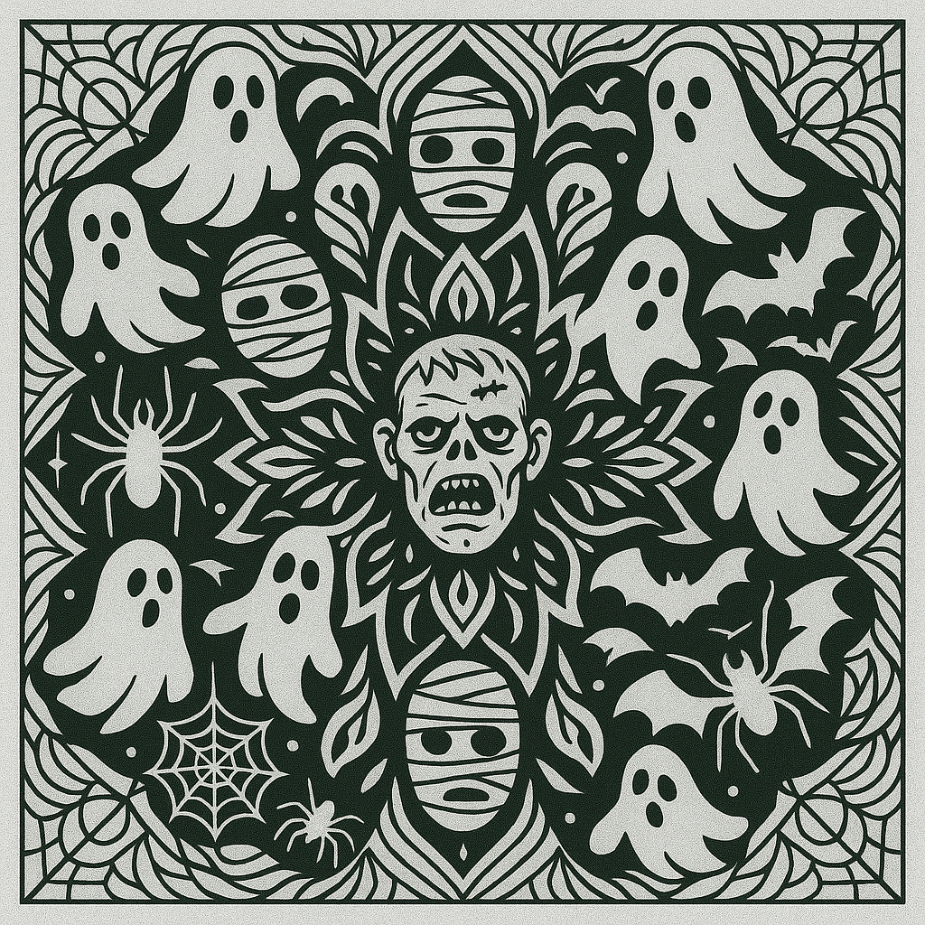Black-and-white Halloween mandala for coloring, with pumpkins, witches’ hats, and spider motifs.