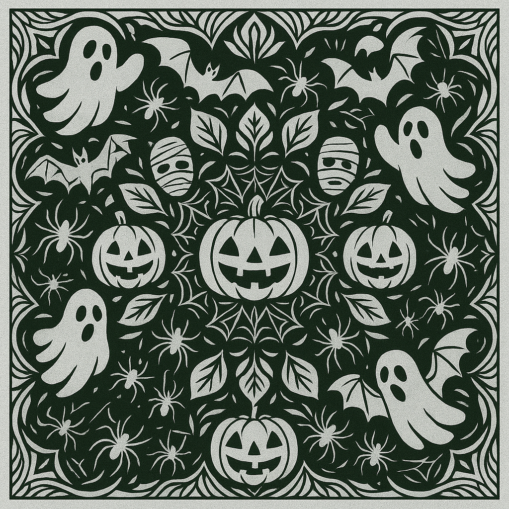 Detailed Halloween mandala design combining skulls, bats, and spiderwebs in a layered circular pattern.