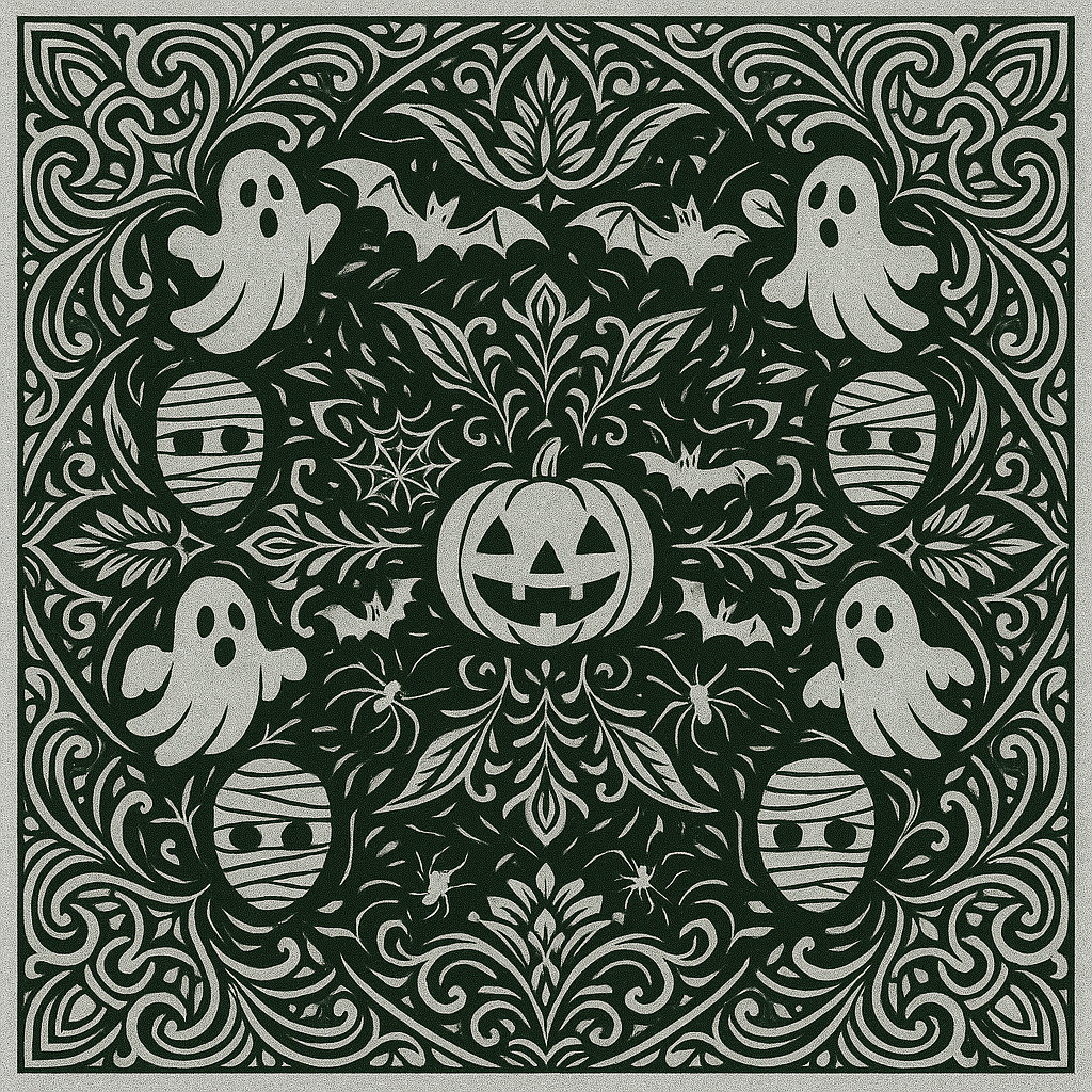 Detailed Halloween mandala design combining skulls, bats, and spiderwebs in a layered circular pattern.