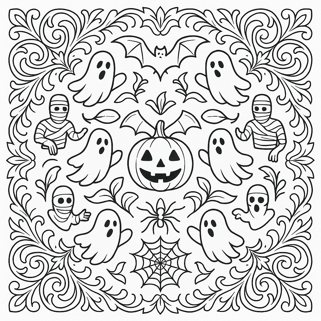Detailed Halloween mandala design combining skulls, bats, and spiderwebs in a layered circular pattern.