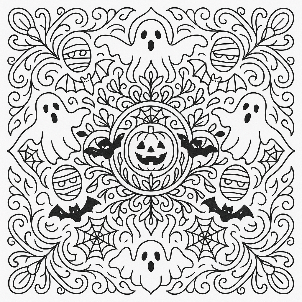 Halloween mandala outline with pumpkins, bats, and ghosts arranged in a circular design for coloring.