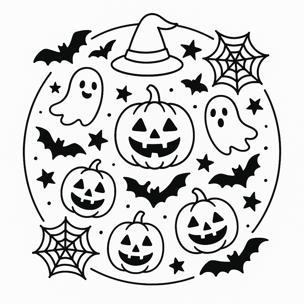 Halloween mandala outline with pumpkins, bats, and ghosts arranged in a circular design for coloring.