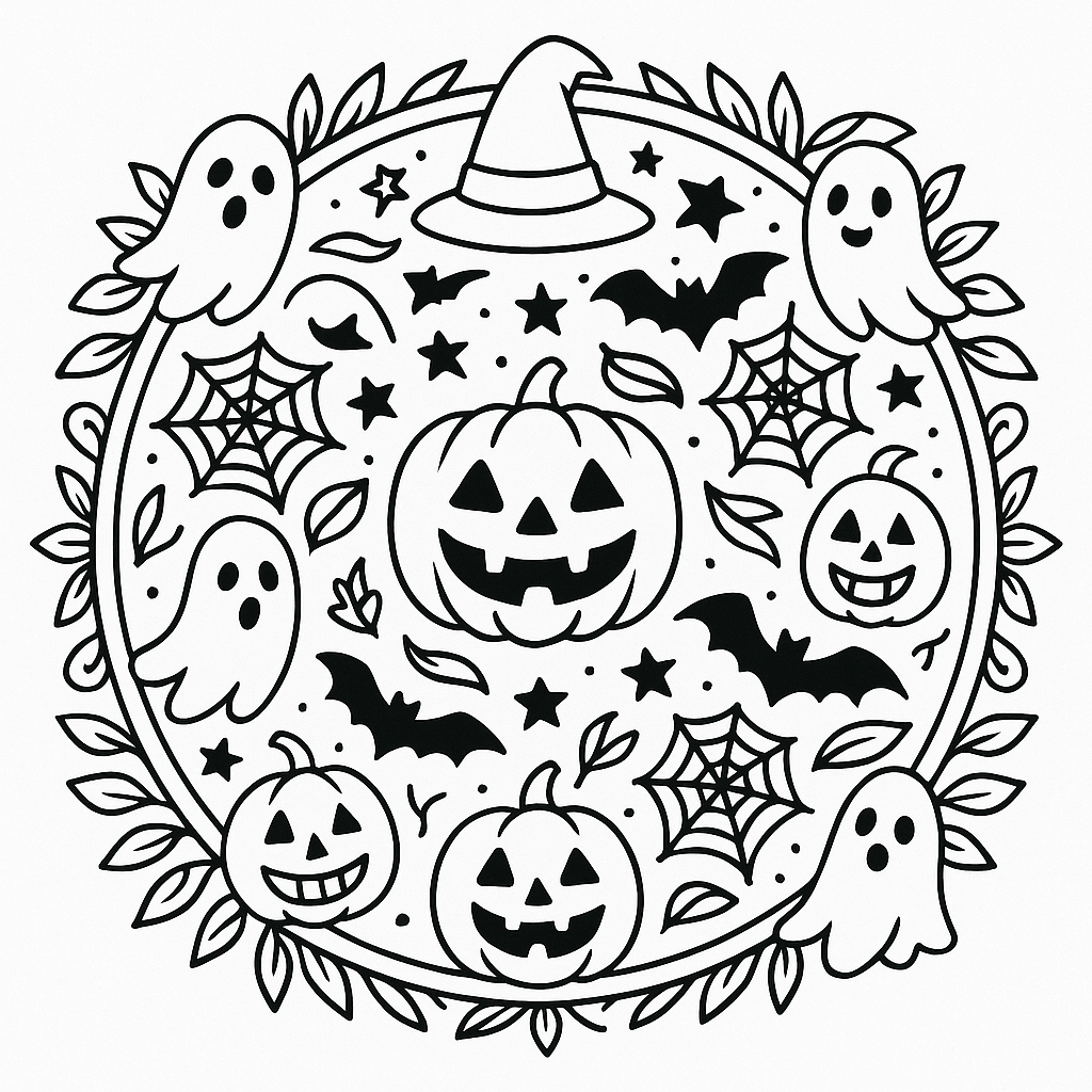 Intricate Halloween mandala featuring jack-o’-lanterns, spiderwebs, and bats in a symmetrical black-and-white pattern.