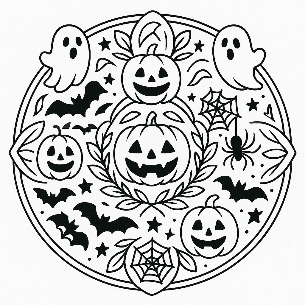 Intricate Halloween mandala featuring jack-o’-lanterns, spiderwebs, and bats in a symmetrical black-and-white pattern.