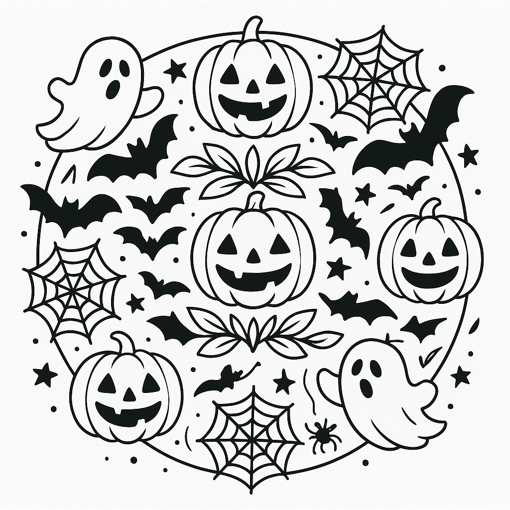 Intricate Halloween mandala featuring jack-o’-lanterns, spiderwebs, and bats in a symmetrical black-and-white pattern.