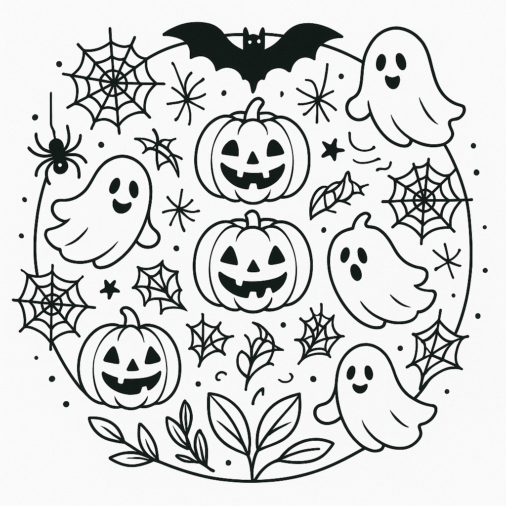 Intricate Halloween mandala featuring jack-o’-lanterns, spiderwebs, and bats in a symmetrical black-and-white pattern.