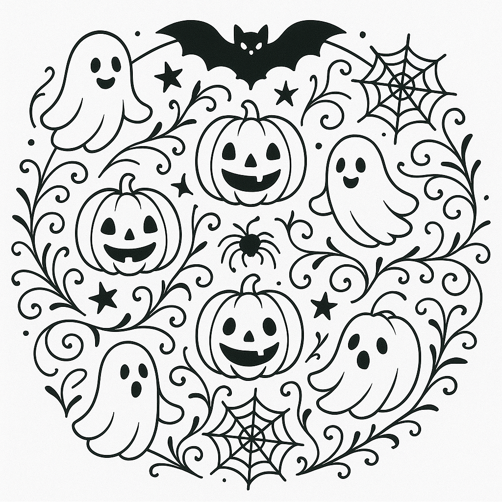 Spooky Halloween mandala with haunted houses, ghosts, and crescent moons in a traditional mandala layout.