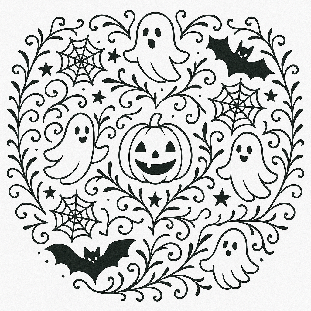 Spooky Halloween mandala with haunted houses, ghosts, and crescent moons in a traditional mandala layout.